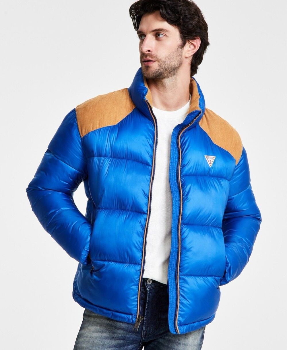 GUESS Men's Larry Fabric Block Puffer Jacket Suede Detail Blue Small NWT $225